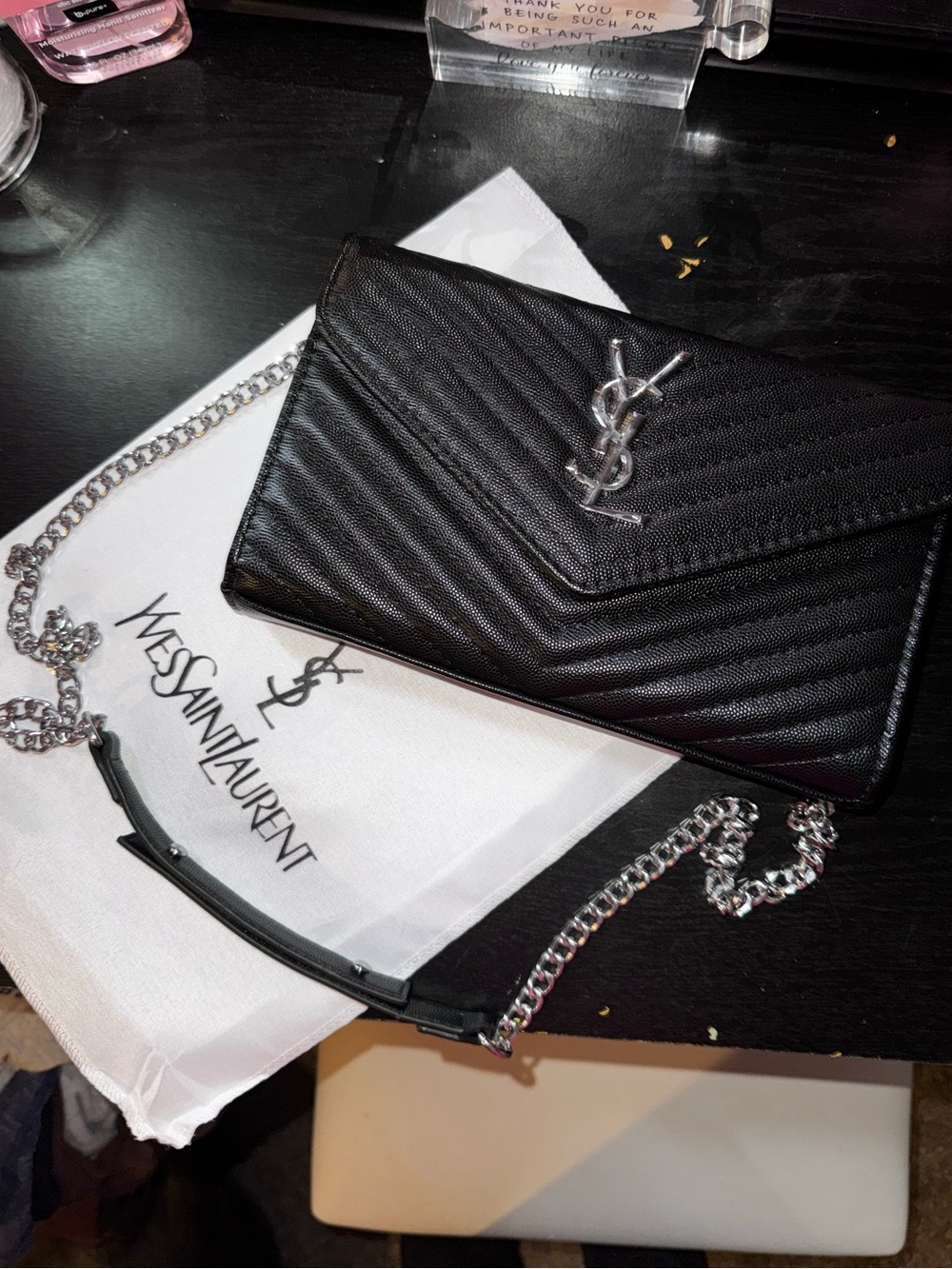 Saint Laurent Black Quilted Leather Chain Wallet Crossbody